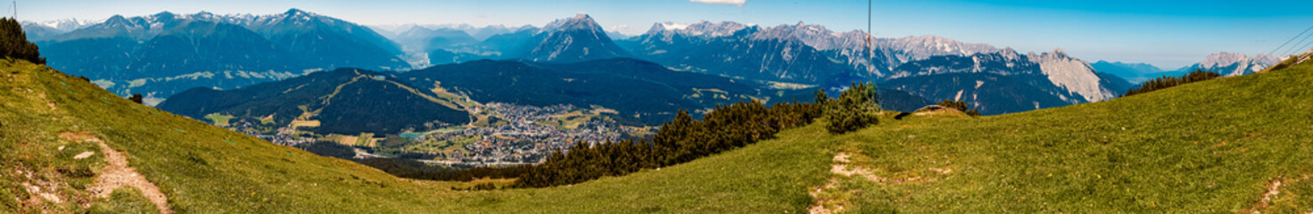 High resolution stitched alpine summer panorama at Mount Haermelekopf, Rosshuette, Seefeld, Tyrol,...
