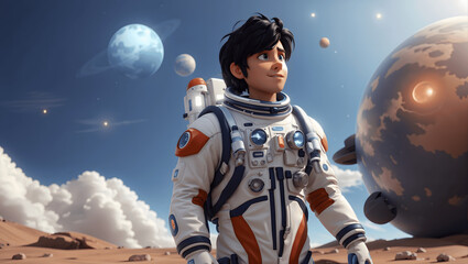 Naklejka premium 3D cute man cartoon avatar, astronaut character on a space background.