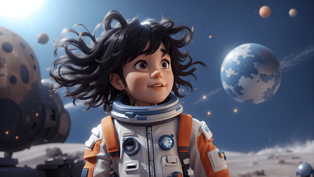 3D cute girl cartoon avatar, astronaut character on a space background.