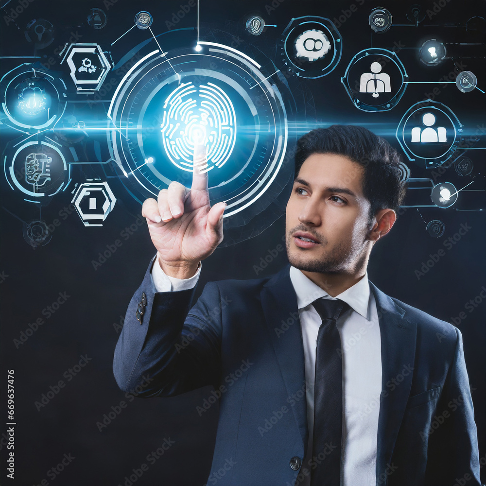 Poster businessman hand pushing a button on artificial intelligence ai touch screen interface on black back