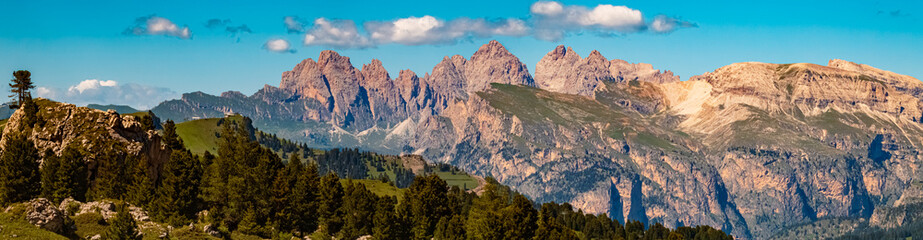 High resolution stitched alpine summer panorama seen from near Mount Langkofel, Sassolungo, Dolomites, South Tyrol, Italy - obrazy, fototapety, plakaty