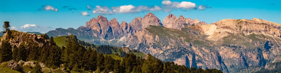 Papier Peint photo autocollant Dolomites High resolution stitched alpine summer panorama seen from near Mount Langkofel, Sassolungo, Dolomites, South Tyrol, Italy