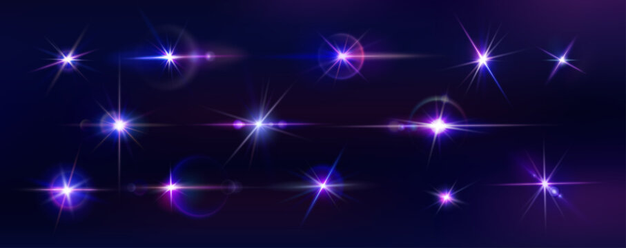 Light glow. Purple spark. Shine star. Bright flare or glitter shiny effect. Glossy glare. Space gleam. Twinkling gold flash. Camera lens sparkle. Starlight rays. Vector exact illuminated elements set