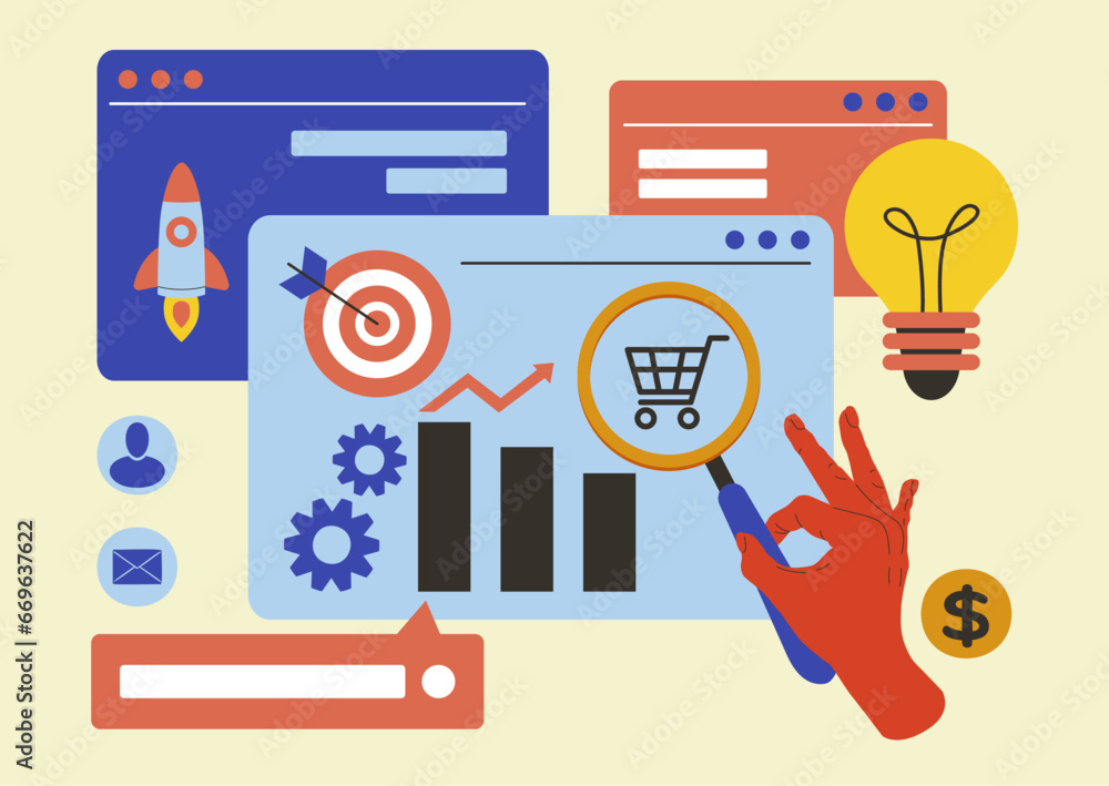 Poster data analytics. creative idea market. startup rocket. see with magnifier. browser frames. abstract d