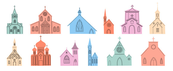 Fototapeta na wymiar Catholic church. Vintage monastery. Religious architecture. Christians buildings with bell tower. Crosses on roofs. Color stone temples. Simple abbey. Jesus worship. Vector isolated flat chapels set