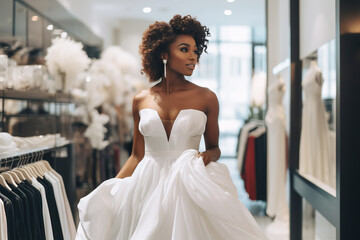 Naklejka premium African American bride is trying on an elegant wedding dress in modern wedding salon