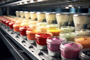 Automated Robotic natural dairy products yogurt Line. Industrial food production plant indoors