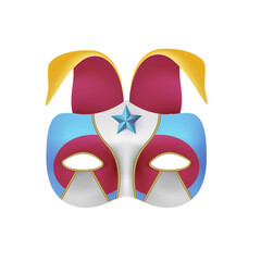 Venice carnival mask. Masquerade party. Harlequin face. Brazil festival. Mardi Gras show. Joker costume. Venetian parade. Theatrical 3D disguise. Ribbon and star. Vector theater performance element