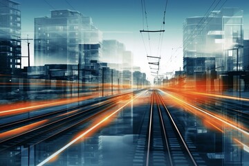 Double exposure train track with distant office building and abstract background. Generative AI
