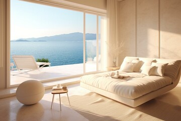 Coastal lounge overlooking sea; ideal for summertime relaxation and vacation. Generative AI