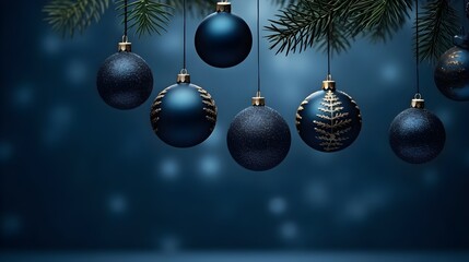 Merry Christmas Decor with Traditional Ornaments in dark blue. Festive concept
