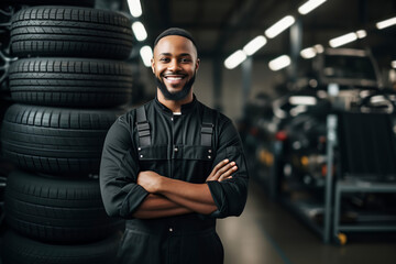 Portrait of African American male auto mechanic working in an auto repair shop and changing wheel alloy tire - obrazy, fototapety, plakaty