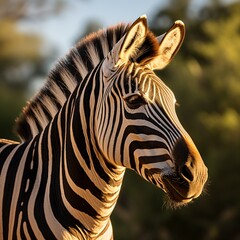 Fototapeta na wymiar The side profile of zebra, Equus quagga, backlit by golden light