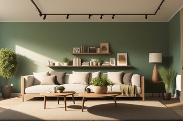 Interior design of living room with wooden shelf. Wall decor with green grass in white plant pot. AI Generated