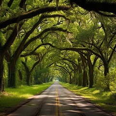 View of oak lined road in Louisiana