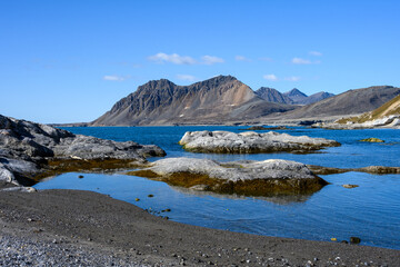 Sunny arctic landscape from the beach at Gnalodden, arctic expedition tourism around Svalbard
