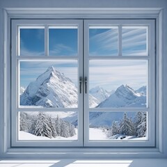 Winter mountain view through the window
