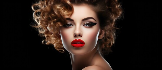 Fototapeta premium Hollywood style fashion beauty portrait of a stunning girl with curly hair and red lipstick against a black backdrop