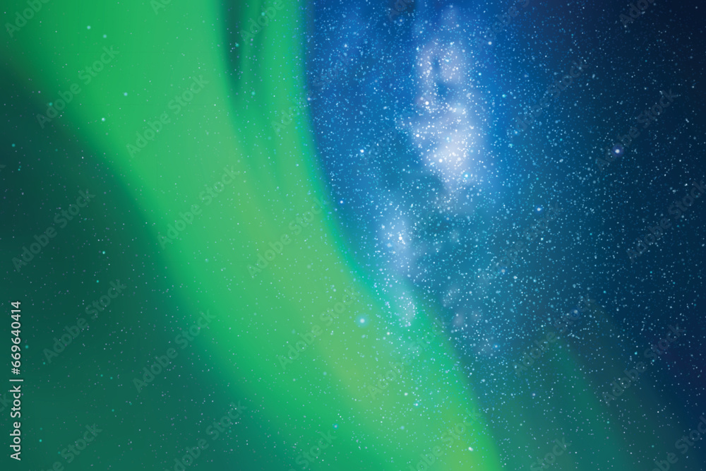 Poster blue night starry sky. milky way, polar lights. green aurora borealis