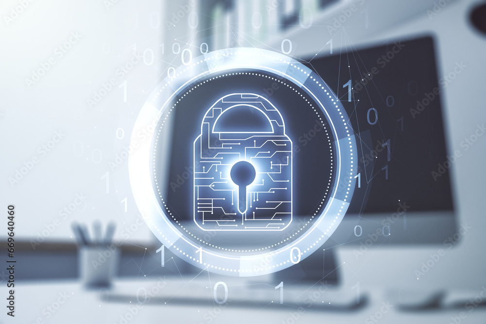 Poster creative lock sketch with chip hologram and modern desk with computer on background, protection of p