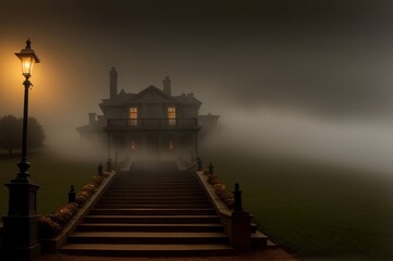 A spooky mansion at night. Spooky staircase with fog and a glowing ghostly apparition. AI Generated - obrazy, fototapety, plakaty