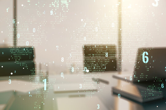 Double exposure of abstract creative programming illustration with world map and modern desk with computer on background, big data and blockchain concept