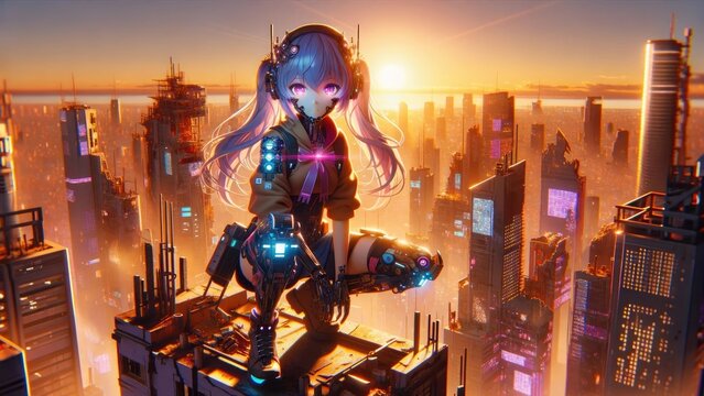 Cyberpunk Gril chilling on the Rooftop of a Skyscraper