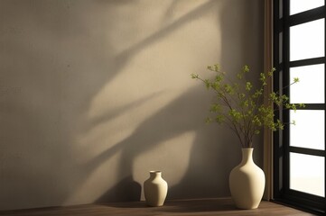 Fototapeta na wymiar Interior background of room with beige wall and vase with green branch. AI Generated