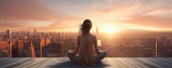 Portrait of a woman meditating on a deck overlooking a city at golden hour - obrazy, fototapety, plakaty