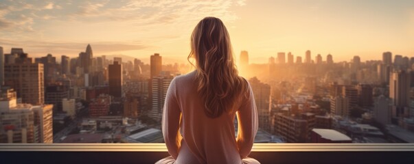 Portrait of a woman meditating on a deck overlooking a city at golden hour - obrazy, fototapety, plakaty