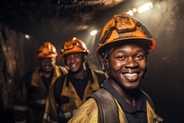 Fototapeta premium Brutal multiracial miners in safety helmets in a mine extract minerals coal
