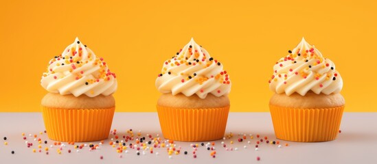 Small cupcakes with yellow and orange frosting and sprinkles