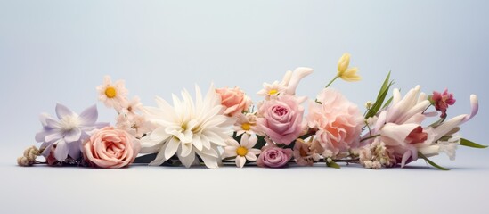 Fototapeta na wymiar White table with multiple flowers