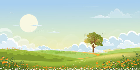 Spring green fields landscape with mountain, blue sky and clouds background,Panorama peaceful rural nature in springtime with green grass land. Cartoon vector illustration for spring and summer banner - obrazy, fototapety, plakaty