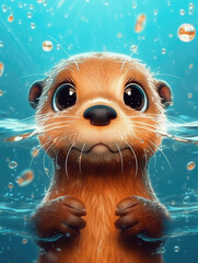 Cute otter swimming in the water. 3d animal cartoon character. 