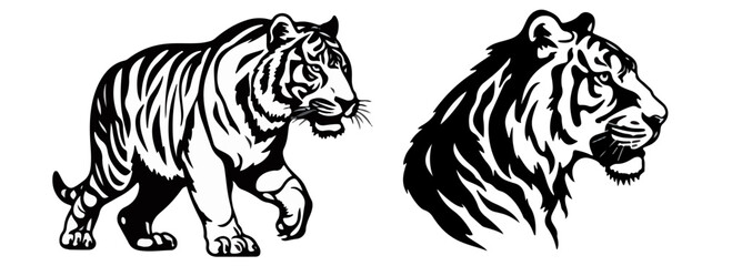 Angry tiger full body and head, black and white vector, silhouette shapes illustration
