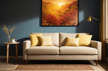 Yellow loveseat sofa and side tables against of colorful circle patterned wall. AI Generated