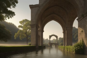 Wallpaper Classic drawing of a palace garden in the Baron style Stone arches overlooking the river and the nature with trees. AI Generated