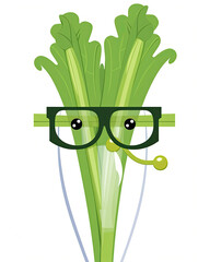 Illustration of a personified celery wearing glasses. Cartoon character illustration on white. 