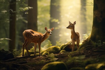 fallow deer an her cubdeep  in the forest with the first morning lights - obrazy, fototapety, plakaty