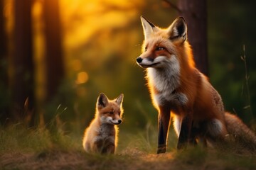 a fox and her cub in the forest under sunset light