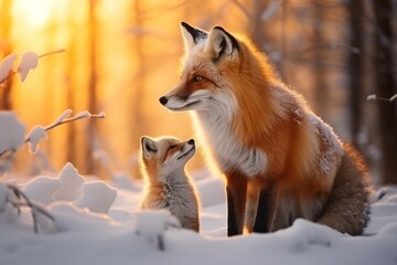 Fototapeta premium a red box and her cub in the winter snow in the forest looking for food