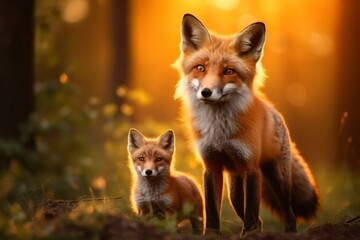 Obraz premium a fox and her cub in the forest under sunset light