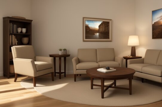 Two beige lounge chairs and round coffee table against wall with frames. AI Generated