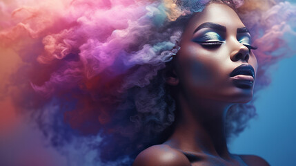 Beautiful afro american woman with smoke coming out of her hair