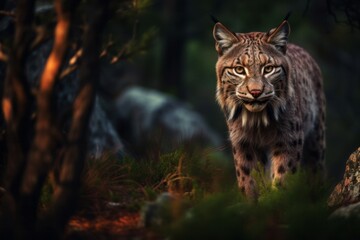 lynx approaching sigilously in the lush forest