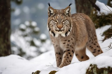 iberian lynx looking for food on the winter snow in the forest approaching sigilously