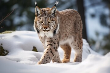 Obraz premium iberian lynx on the winter snow in the forest approaching sigilously