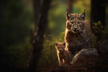 mother lynx with her cub looking for food in the forest