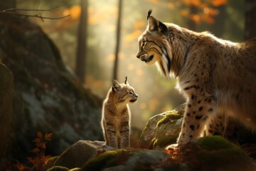 mother lynx with her cub looking for food in the forest